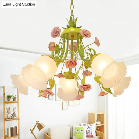 Traditional Opal Glass Chandelier - Pink/Green 5-Head Pendant Ceiling Light For Living Room