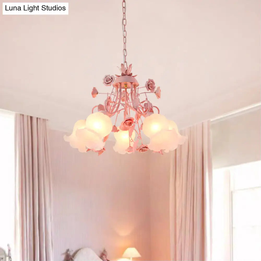 Traditional Opal Glass Chandelier - Pink/Green 5-Head Pendant Ceiling Light For Living Room