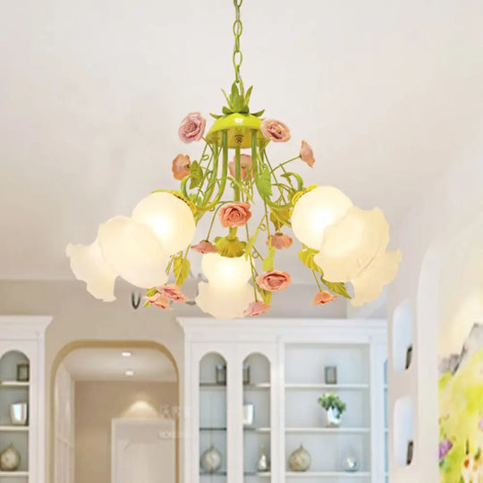 Traditional Opal Glass Chandelier - Pink/Green 5-Head Pendant Ceiling Light For Living Room Green