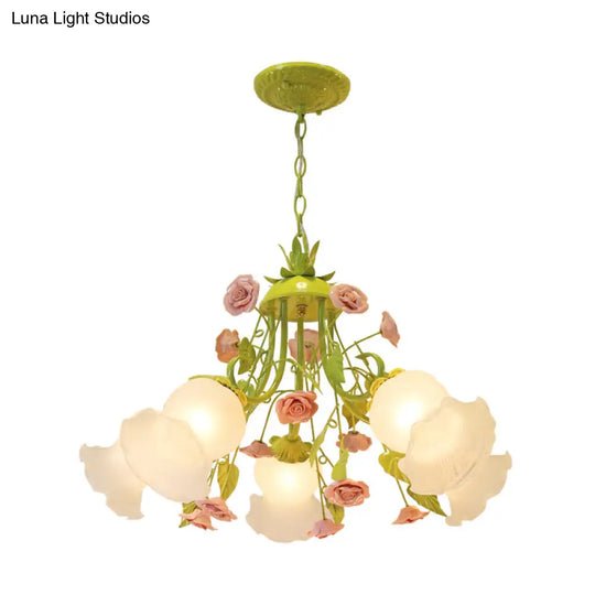 Traditional Opal Glass Chandelier - Pink/Green 5-Head Pendant Ceiling Light For Living Room