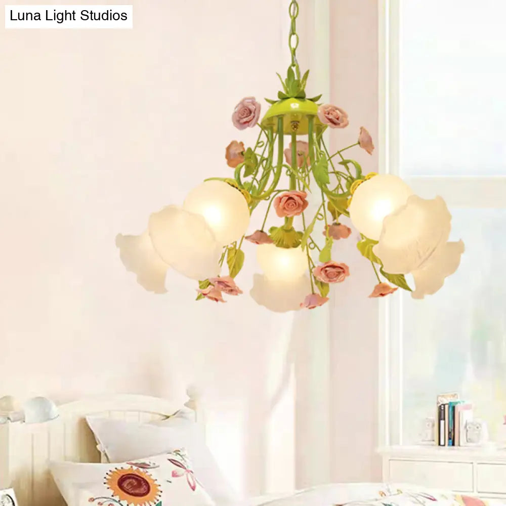 Traditional Opal Glass Chandelier - Pink/Green 5-Head Pendant Ceiling Light For Living Room