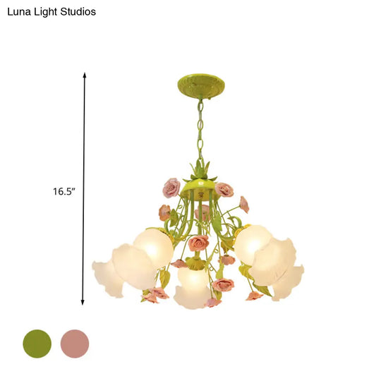 Traditional Opal Glass Chandelier - Pink/Green 5-Head Pendant Ceiling Light For Living Room