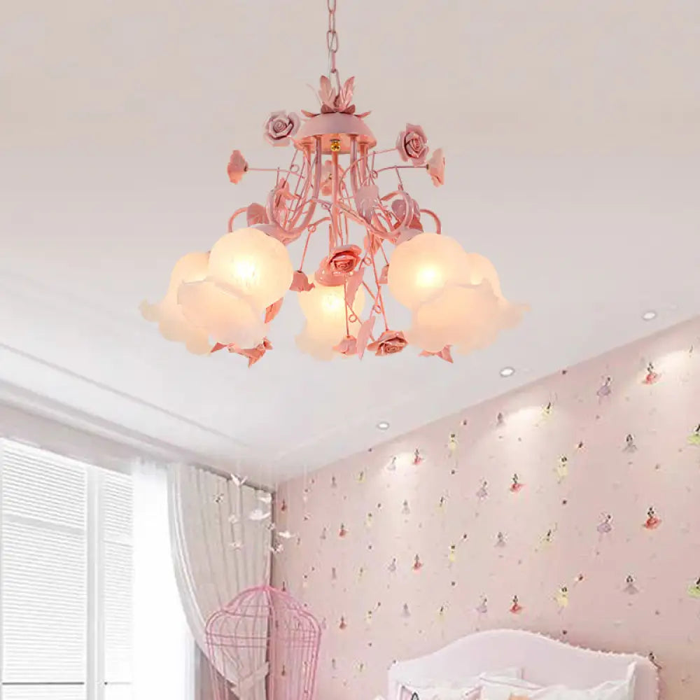 Traditional Opal Glass Chandelier - Pink/Green 5-Head Pendant Ceiling Light For Living Room Pink