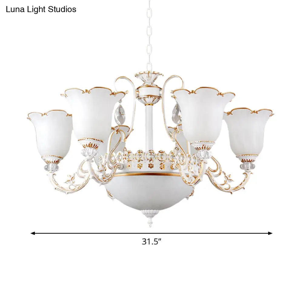 Traditional Opal Glass Floral Chandelier - Dining Room Hanging Light With Up/Down Lighting