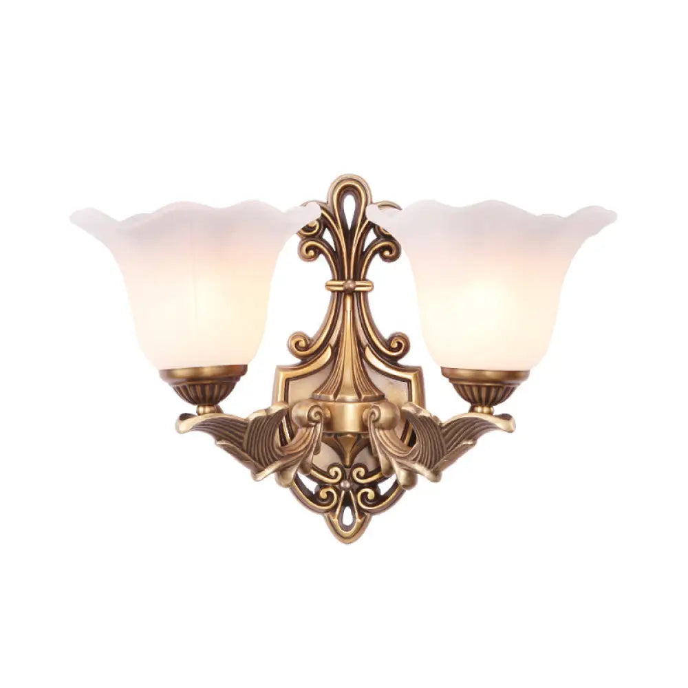 Traditional Opal Glass Flower Wall Lamp: Bronze Finish Mounted Light For Foyer 2 / Morning Glory