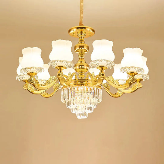 Traditional Opal Glass Gold Chandelier With Crystal Deco - Flower Restaurant Hanging Light Fixture