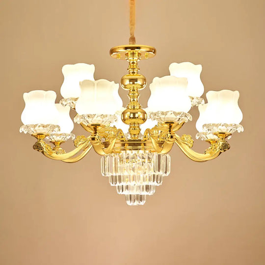 Traditional Opal Glass Gold Chandelier With Crystal Deco - Flower Restaurant Hanging Light Fixture