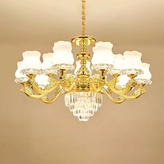 Traditional Opal Glass Gold Chandelier With Crystal Deco - Flower Restaurant Hanging Light Fixture