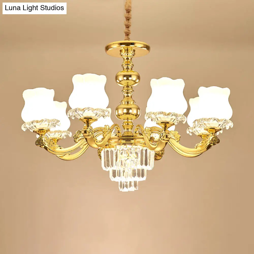 Traditional Opal Glass Gold Chandelier With Crystal Deco - Flower Restaurant Hanging Light Fixture