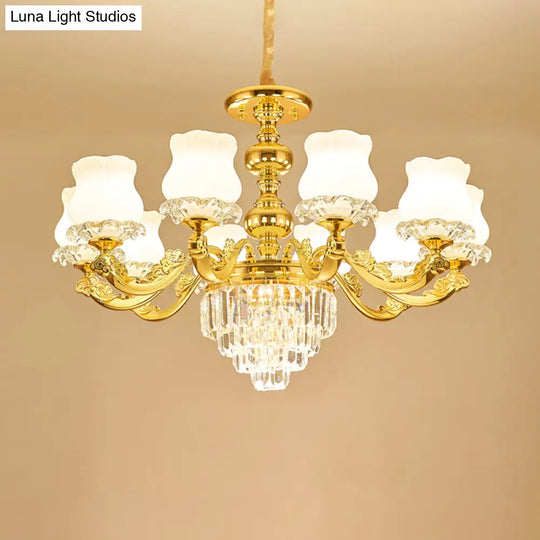 Traditional Opal Glass Gold Chandelier With Crystal Deco - Flower Restaurant Hanging Light Fixture