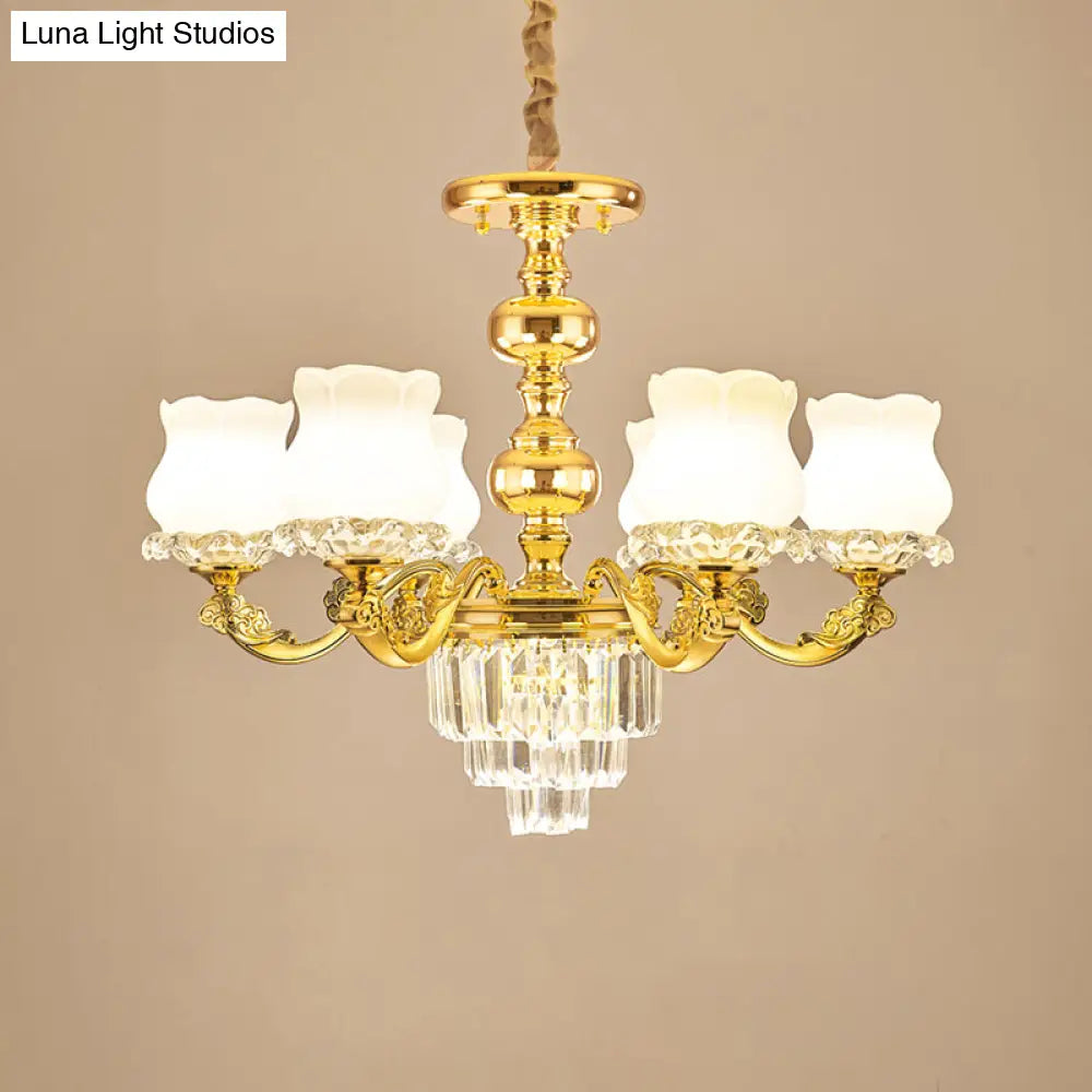 Traditional Opal Glass Gold Chandelier With Crystal Deco - Flower Restaurant Hanging Light Fixture