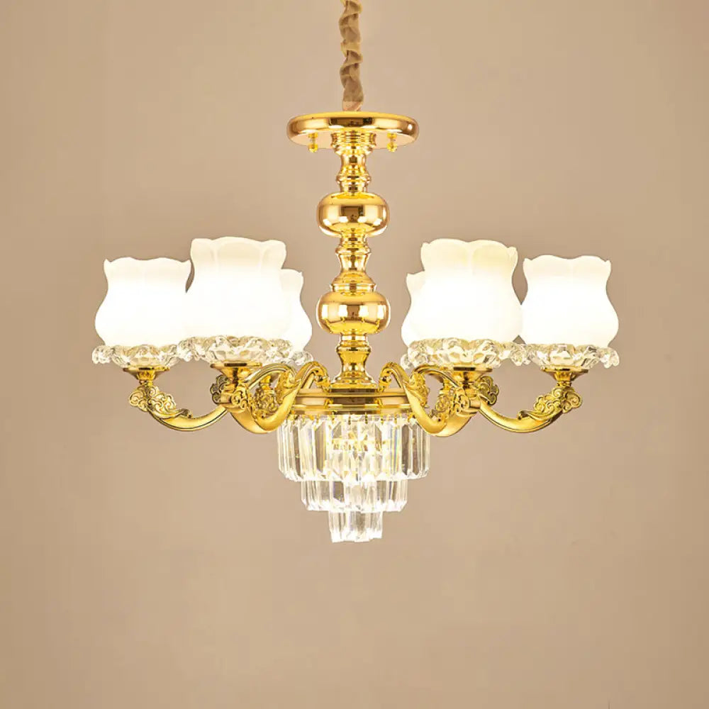 Traditional Opal Glass Gold Chandelier With Crystal Deco - Flower Restaurant Hanging Light Fixture 6