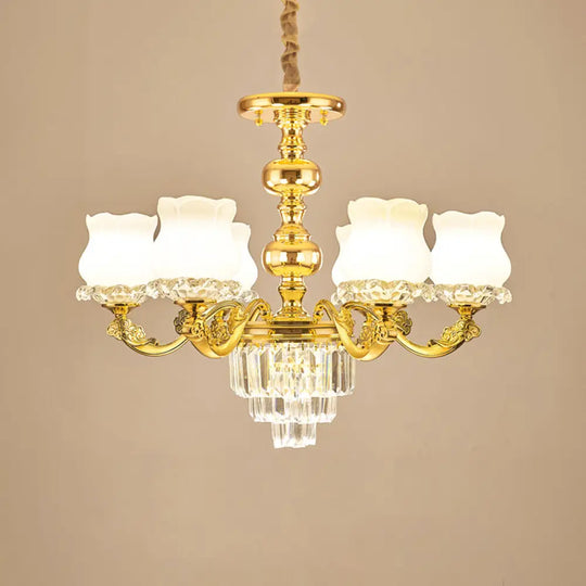 Traditional Opal Glass Gold Chandelier With Crystal Deco - Flower Restaurant Hanging Light Fixture 6