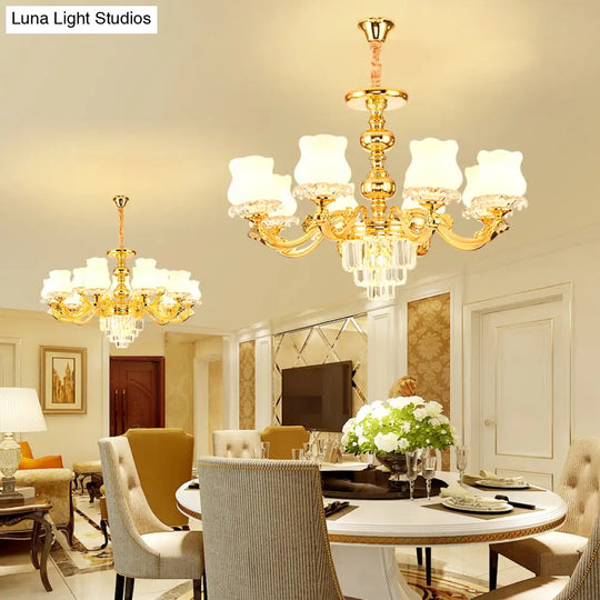 Traditional Opal Glass Gold Chandelier With Crystal Deco - Flower Restaurant Hanging Light Fixture