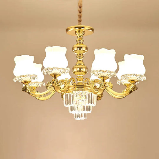 Traditional Opal Glass Gold Chandelier With Crystal Deco - Flower Restaurant Hanging Light Fixture 8