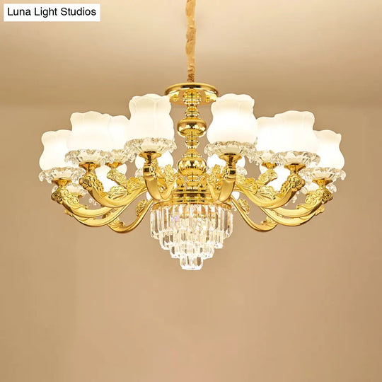 Traditional Opal Glass Gold Chandelier With Crystal Deco - Flower Restaurant Hanging Light Fixture