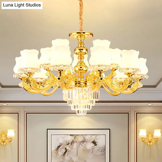 Traditional Opal Glass Gold Chandelier With Crystal Deco - Flower Restaurant Hanging Light Fixture