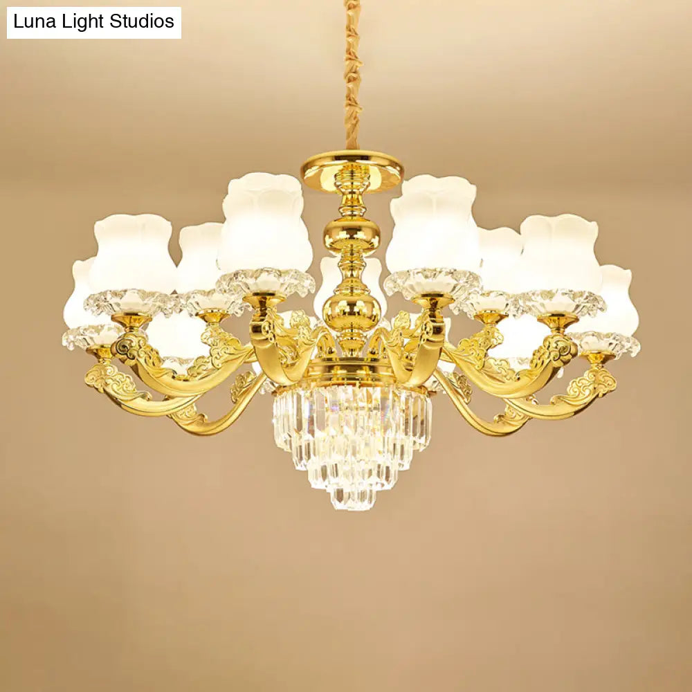 Traditional Opal Glass Gold Chandelier With Crystal Deco - Flower Restaurant Hanging Light Fixture