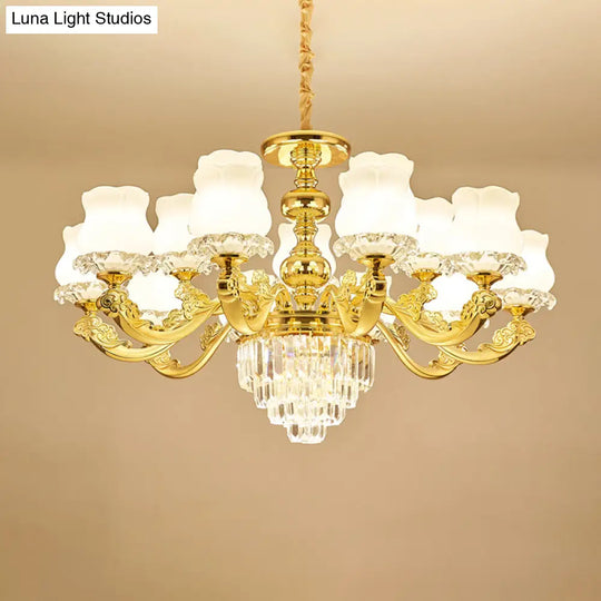 Traditional Opal Glass Gold Chandelier With Crystal Deco - Flower Restaurant Hanging Light Fixture