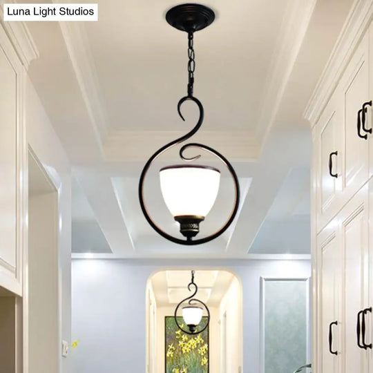 Traditional Opal Glass Hooded Pendant Light With Black Bell Shade - Dining Room Ceiling