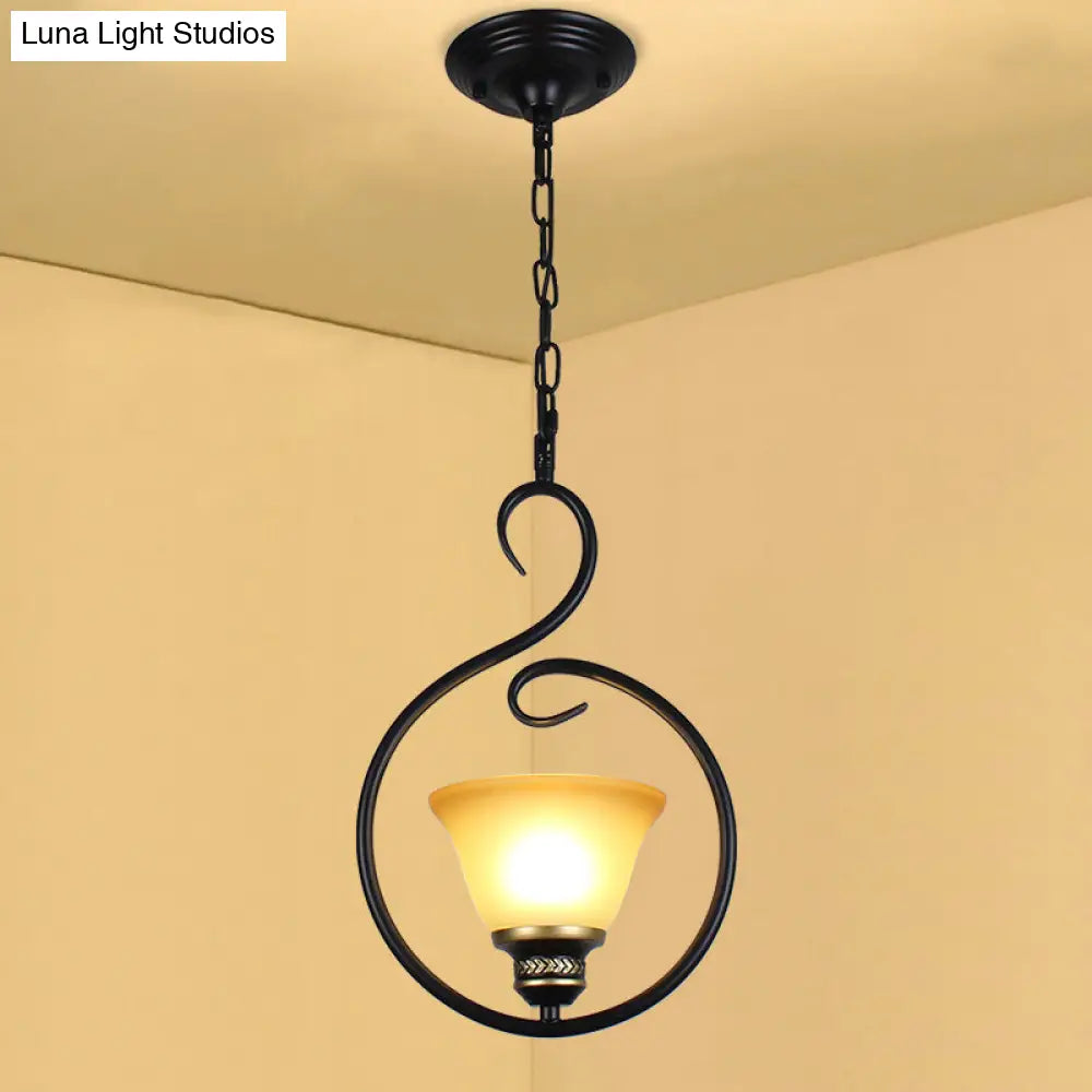 Traditional Opal Glass Hooded Pendant Light With Black Bell Shade - Dining Room Ceiling