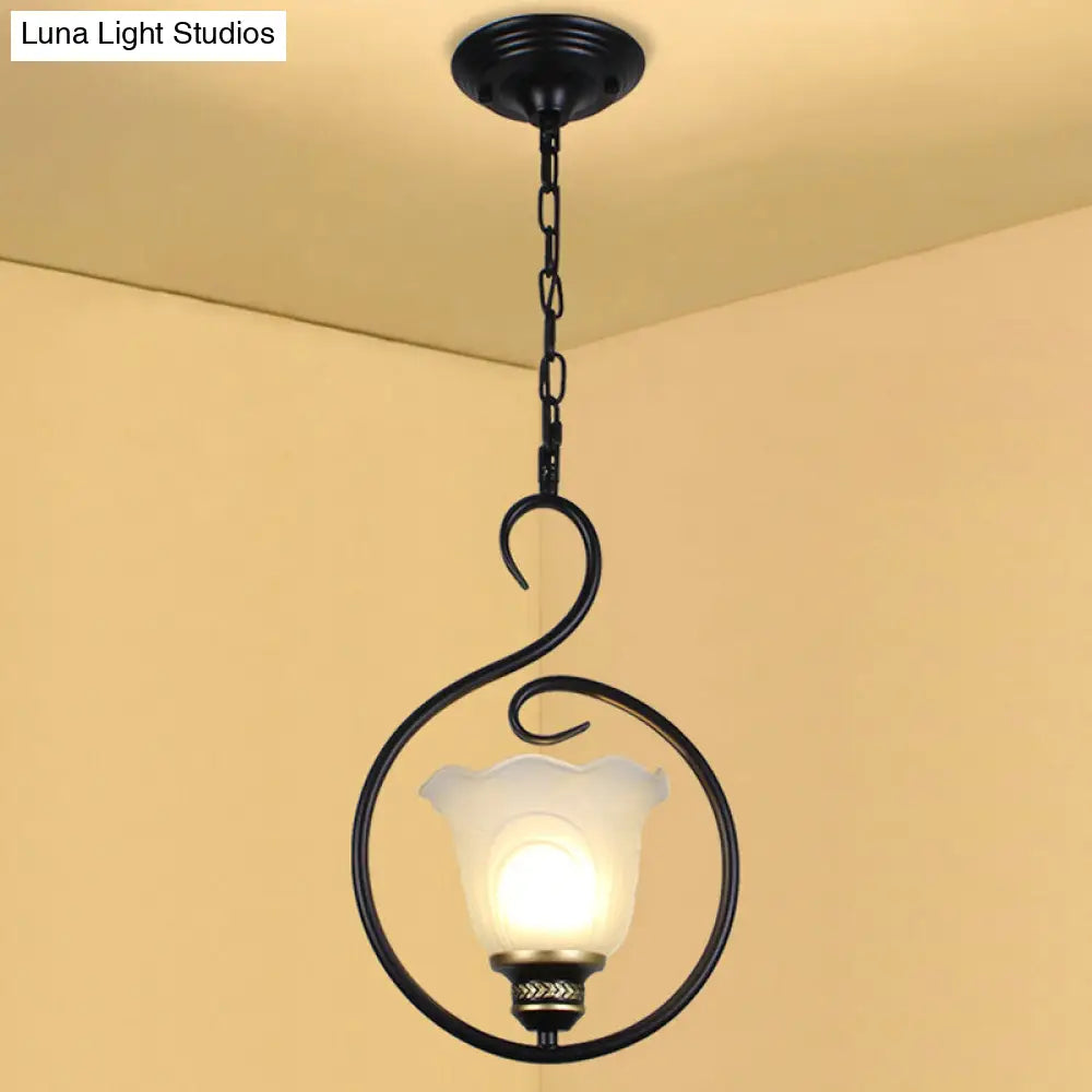 Traditional Opal Glass Hooded Pendant Light With Black Bell Shade - Dining Room Ceiling