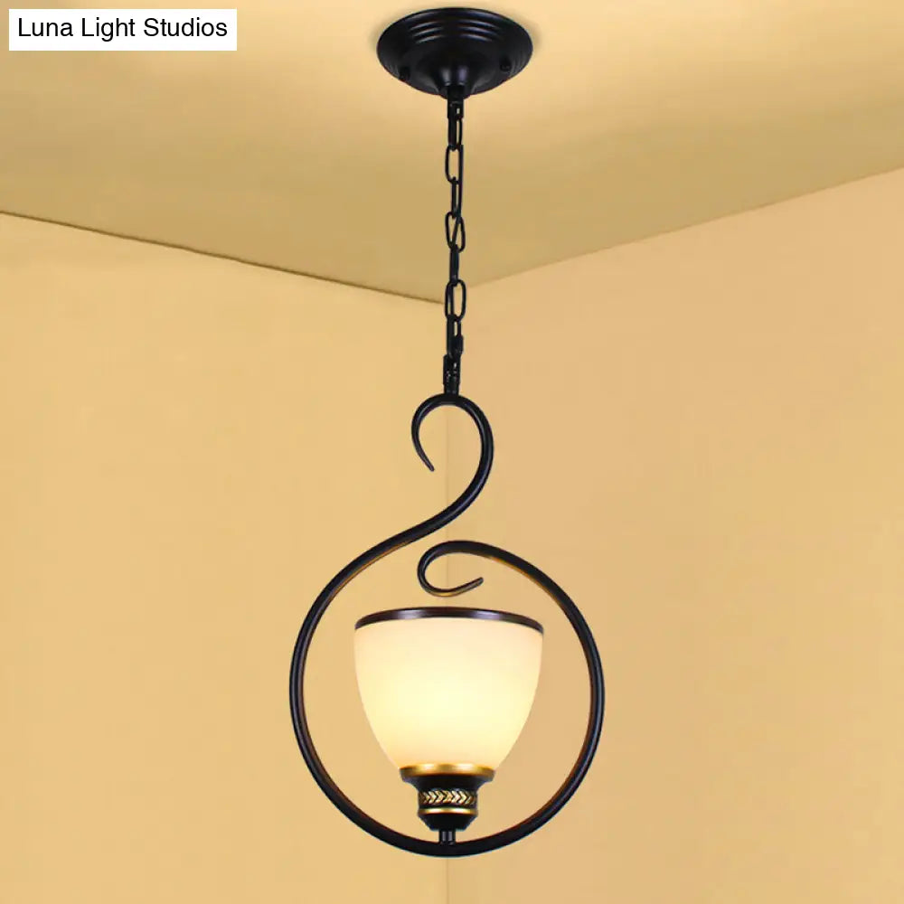 Traditional Opal Glass Hooded Pendant Light With Black Bell Shade - Dining Room Ceiling