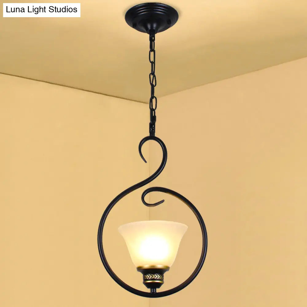 Traditional Opal Glass Hooded Pendant Light With Black Bell Shade - Dining Room Ceiling