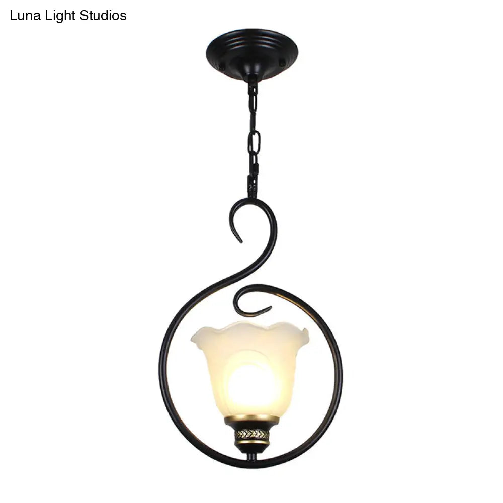 Traditional Opal Glass Hooded Pendant Light With Black Bell Shade - Dining Room Ceiling