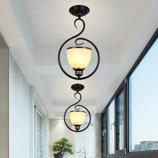 Traditional Opal Glass Hooded Pendant Light With Black Bell Shade - Dining Room Ceiling / D