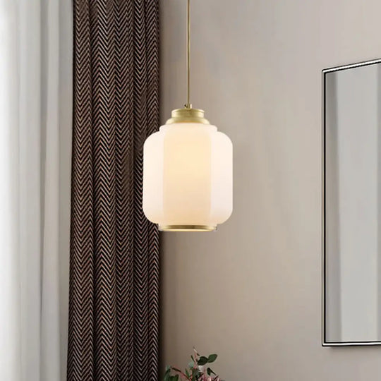 Traditional Opal Glass Lantern Ceiling Lamp With Brass Suspension - Perfect For Hallways