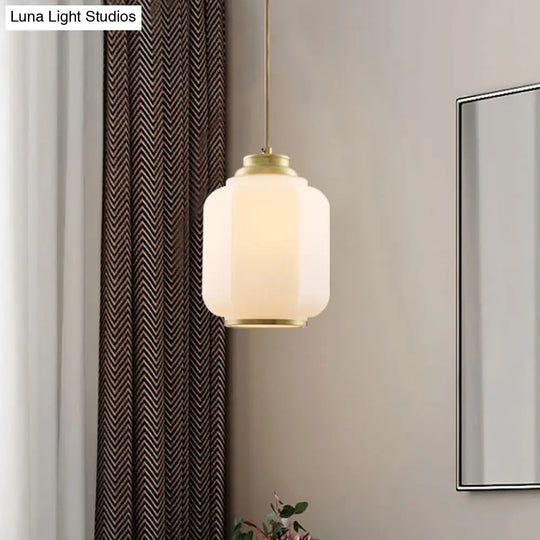 Traditional Opal Glass Lantern Ceiling Lamp With Brass Suspension - Perfect For Hallways