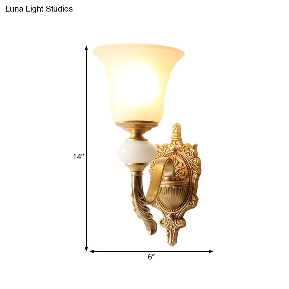 Traditional Opal Glass Sconce With Brass Mount - 1-Light Stairway Fixture