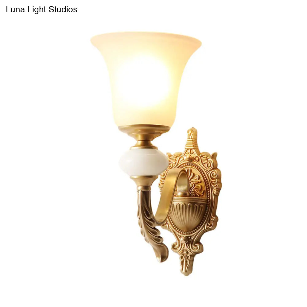 Traditional Opal Glass Sconce With Brass Mount - 1-Light Stairway Fixture