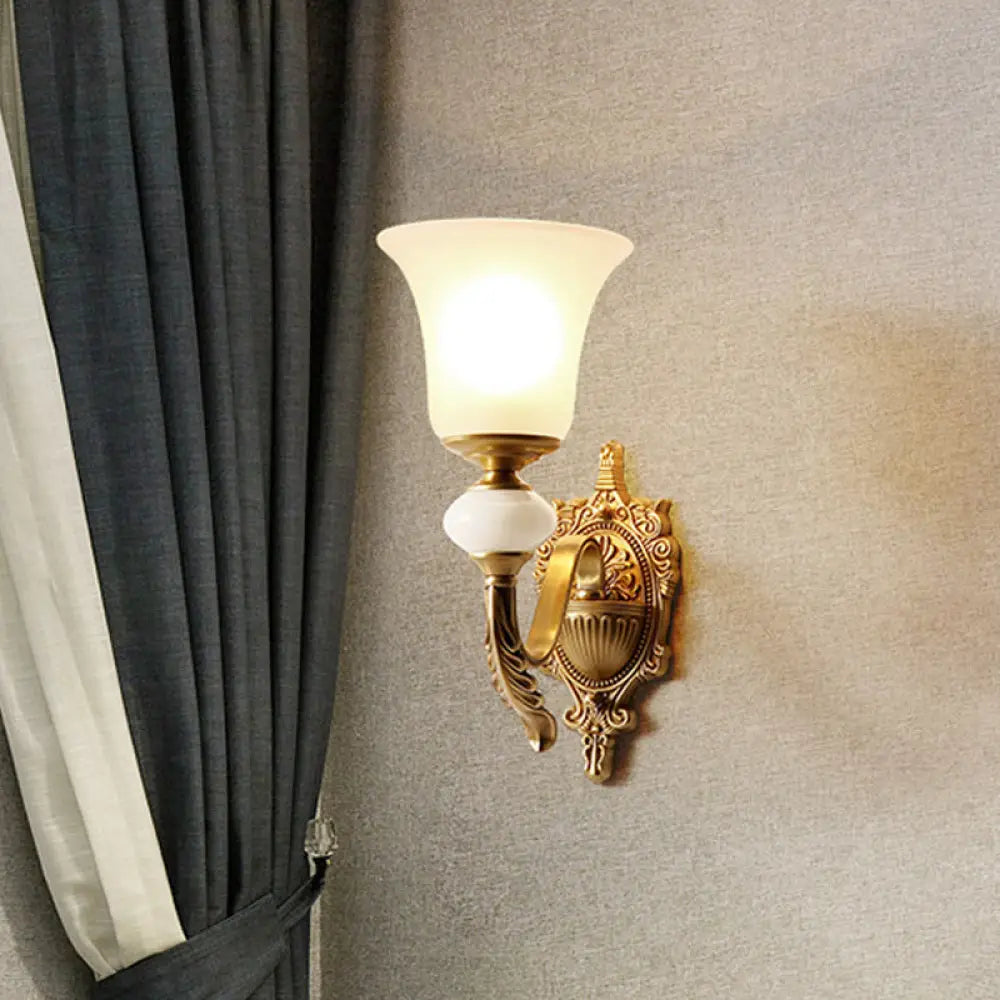 Traditional Opal Glass Sconce With Brass Mount - 1-Light Stairway Fixture