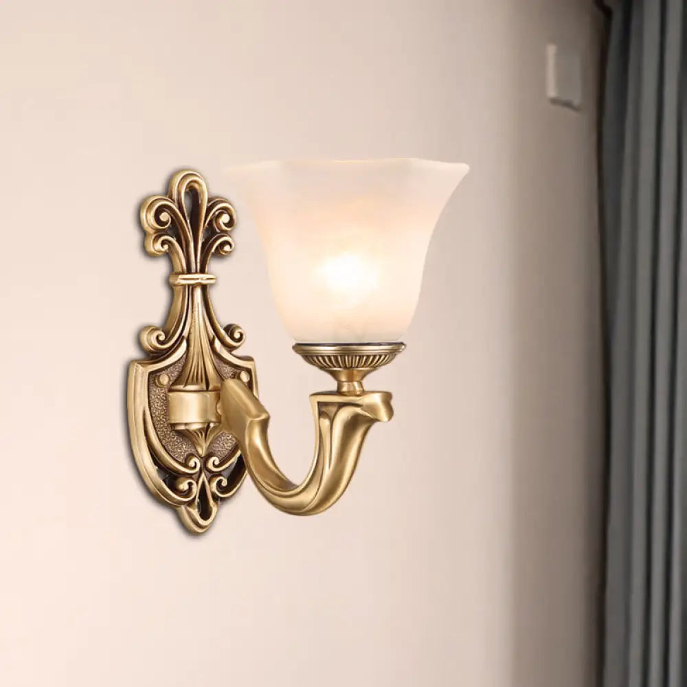 Traditional Opal Glass Trumpet Sconce Lamp With Brass Curved Arm - Wall Lighting Fixture 1 /