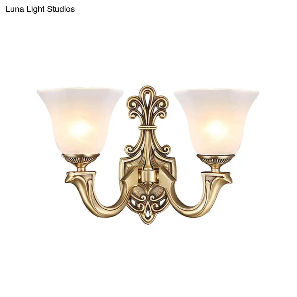 Traditional Opal Glass Trumpet Sconce Lamp With Brass Curved Arm - Wall Lighting Fixture