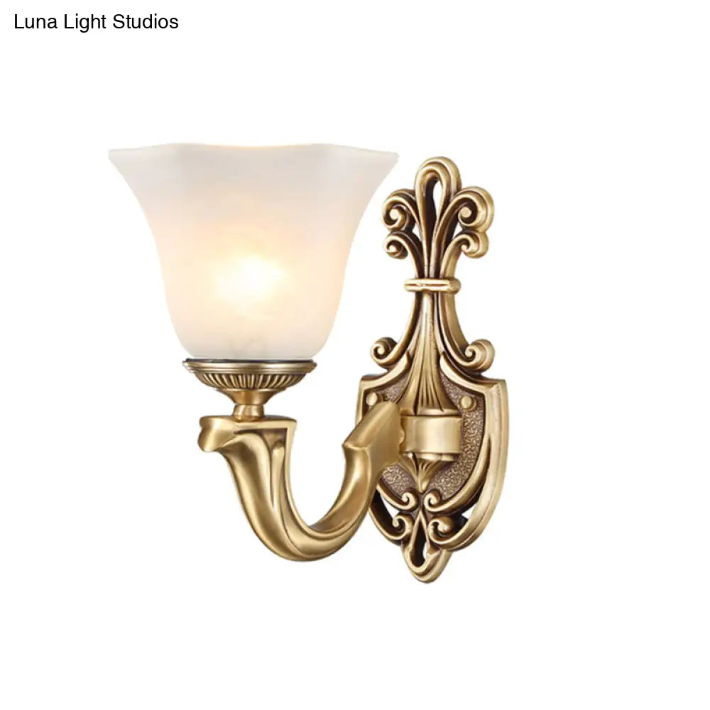 Traditional Opal Glass Trumpet Sconce Lamp With Brass Curved Arm - Wall Lighting Fixture