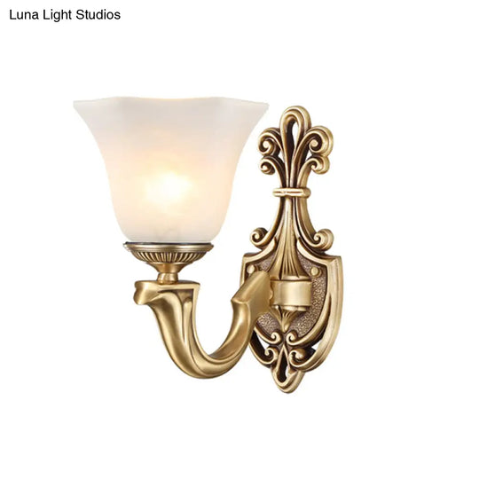 Traditional Opal Glass Trumpet Sconce Lamp With Brass Curved Arm - Wall Lighting Fixture