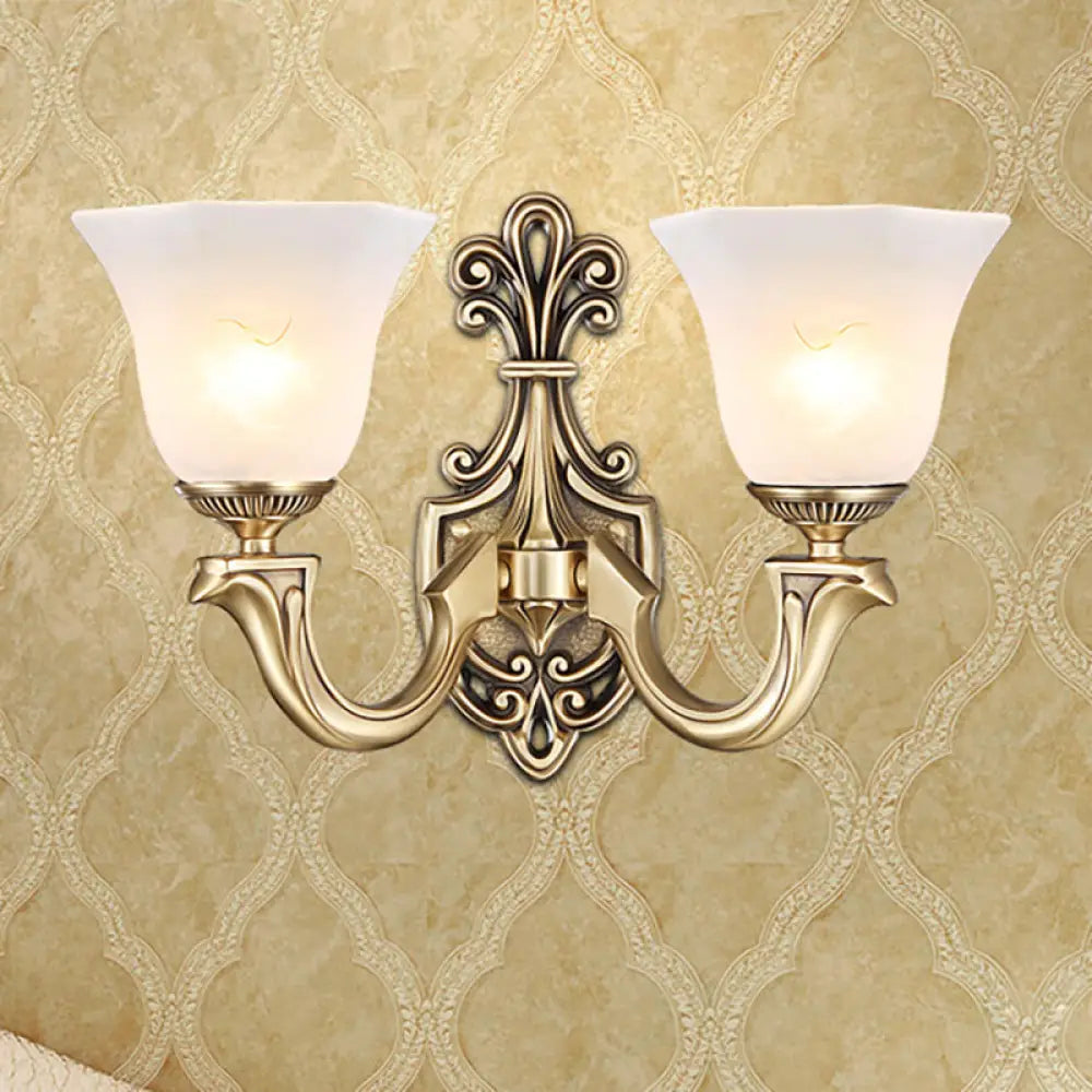 Traditional Opal Glass Trumpet Sconce Lamp With Brass Curved Arm - Wall Lighting Fixture 2 /