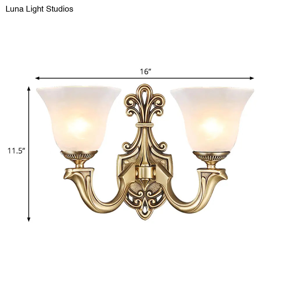 Traditional Opal Glass Trumpet Sconce Lamp With Brass Curved Arm - Wall Lighting Fixture