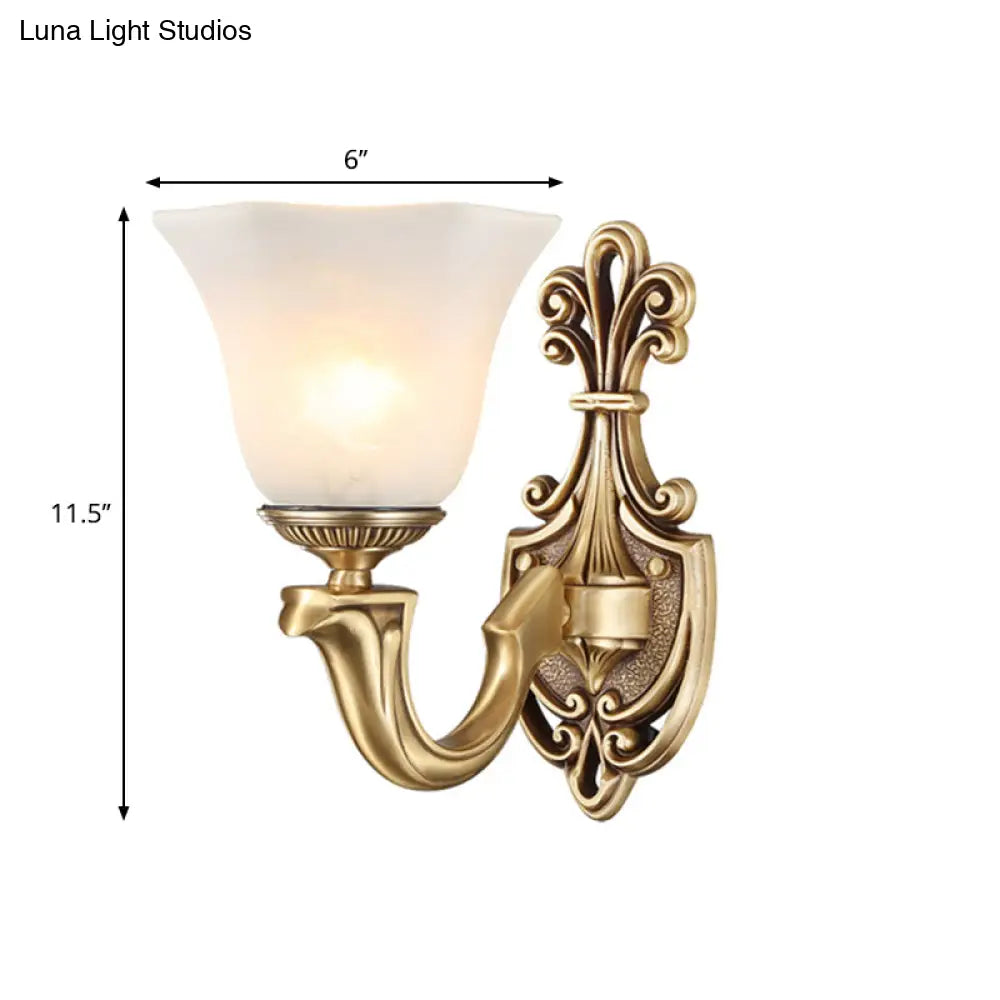 Traditional Opal Glass Trumpet Sconce Lamp With Brass Curved Arm - Wall Lighting Fixture