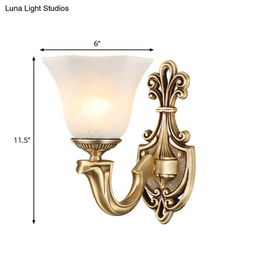 Traditional Opal Glass Trumpet Sconce Lamp With Brass Curved Arm - Wall Lighting Fixture