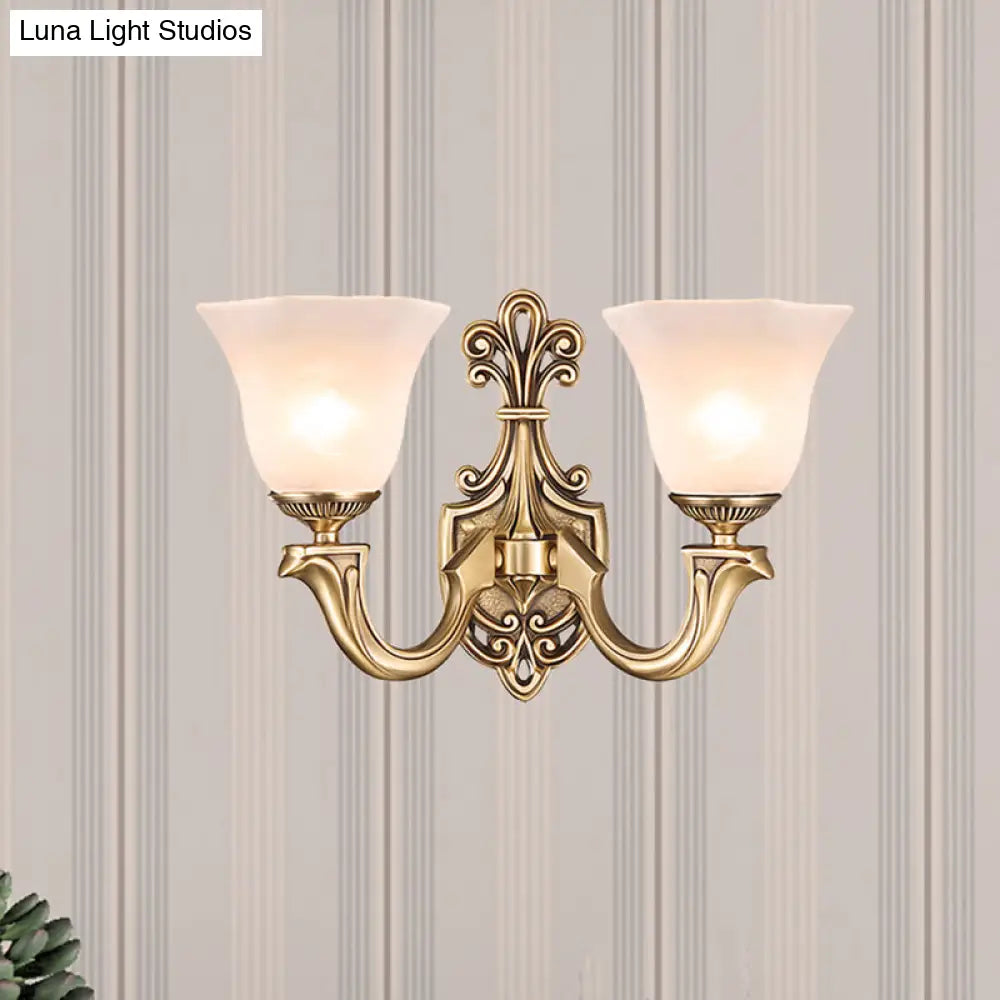 Traditional Opal Glass Trumpet Sconce Lamp With Brass Curved Arm - Wall Lighting Fixture