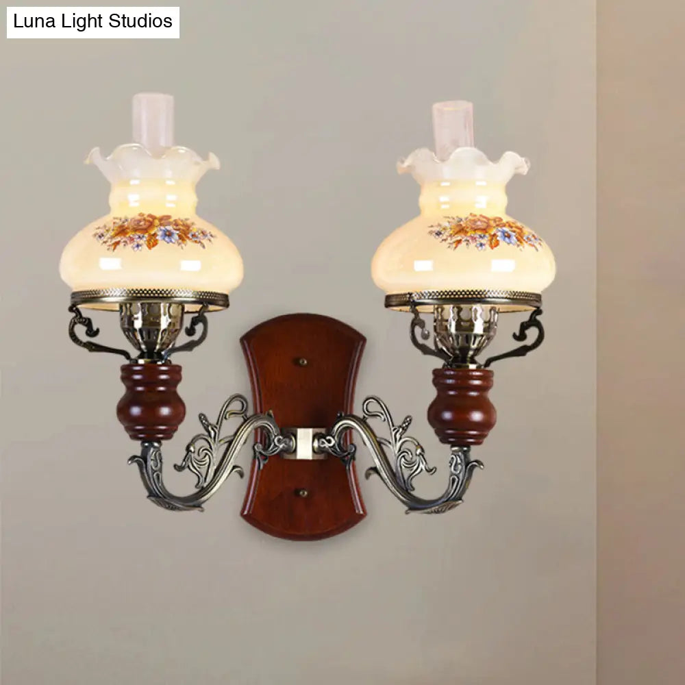 Traditional Opal Glass Wall Sconce Light With Flower Pattern - Brass 2 Bulbs