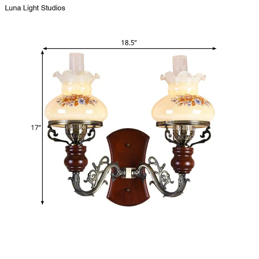 Traditional Opal Glass Wall Sconce Light With Flower Pattern - Brass 2 Bulbs