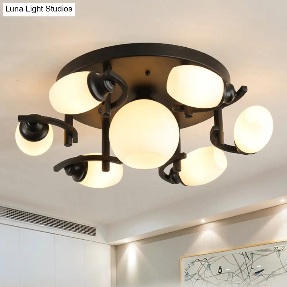 Traditional Oval Glass Ceiling Light Fixture With 3/5/7 White Lights - Black Finish For Living Room