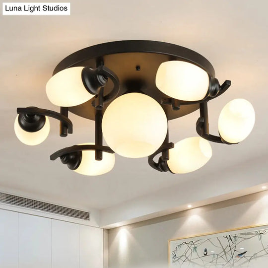 Traditional Oval Glass Ceiling Light Fixture With 3/5/7 White Lights - Black Finish For Living Room