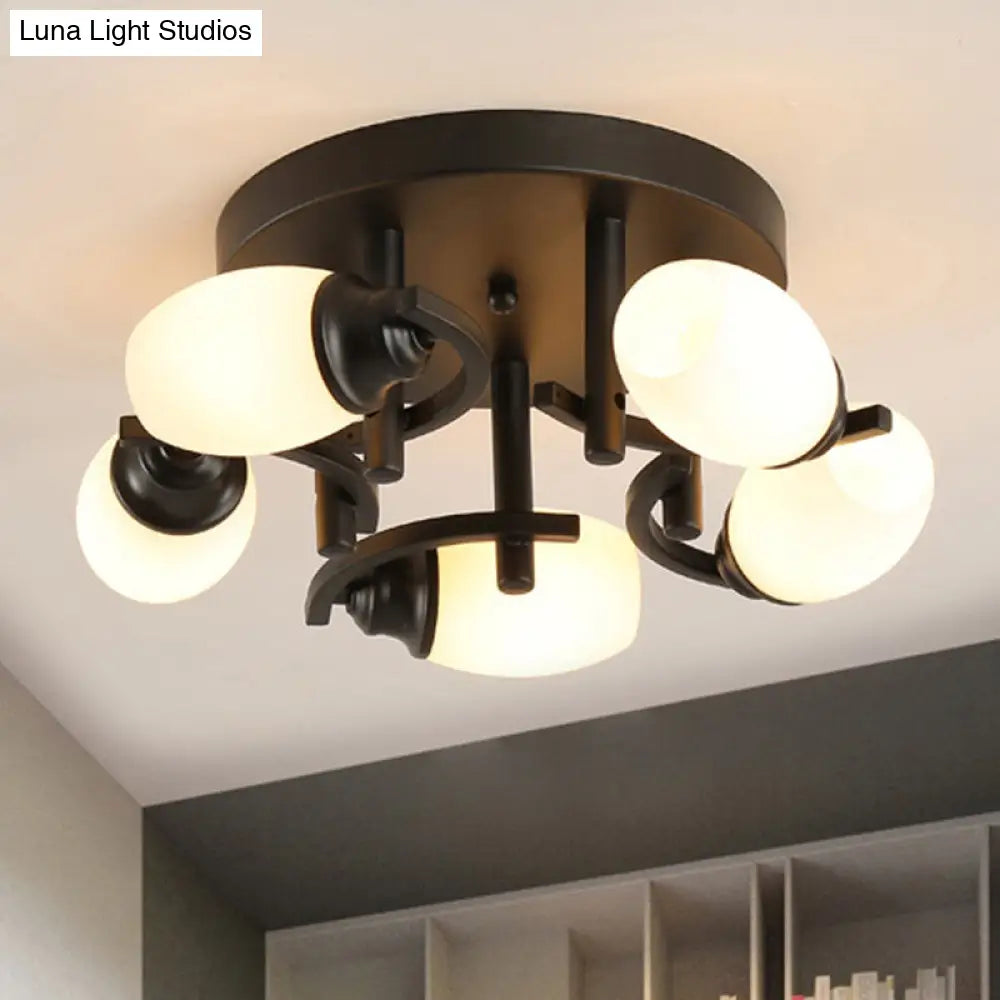 Traditional Oval Glass Ceiling Light Fixture With 3/5/7 White Lights - Black Finish For Living Room