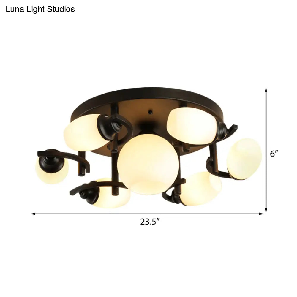 Traditional Oval Glass Ceiling Light Fixture With 3/5/7 White Lights - Black Finish For Living Room